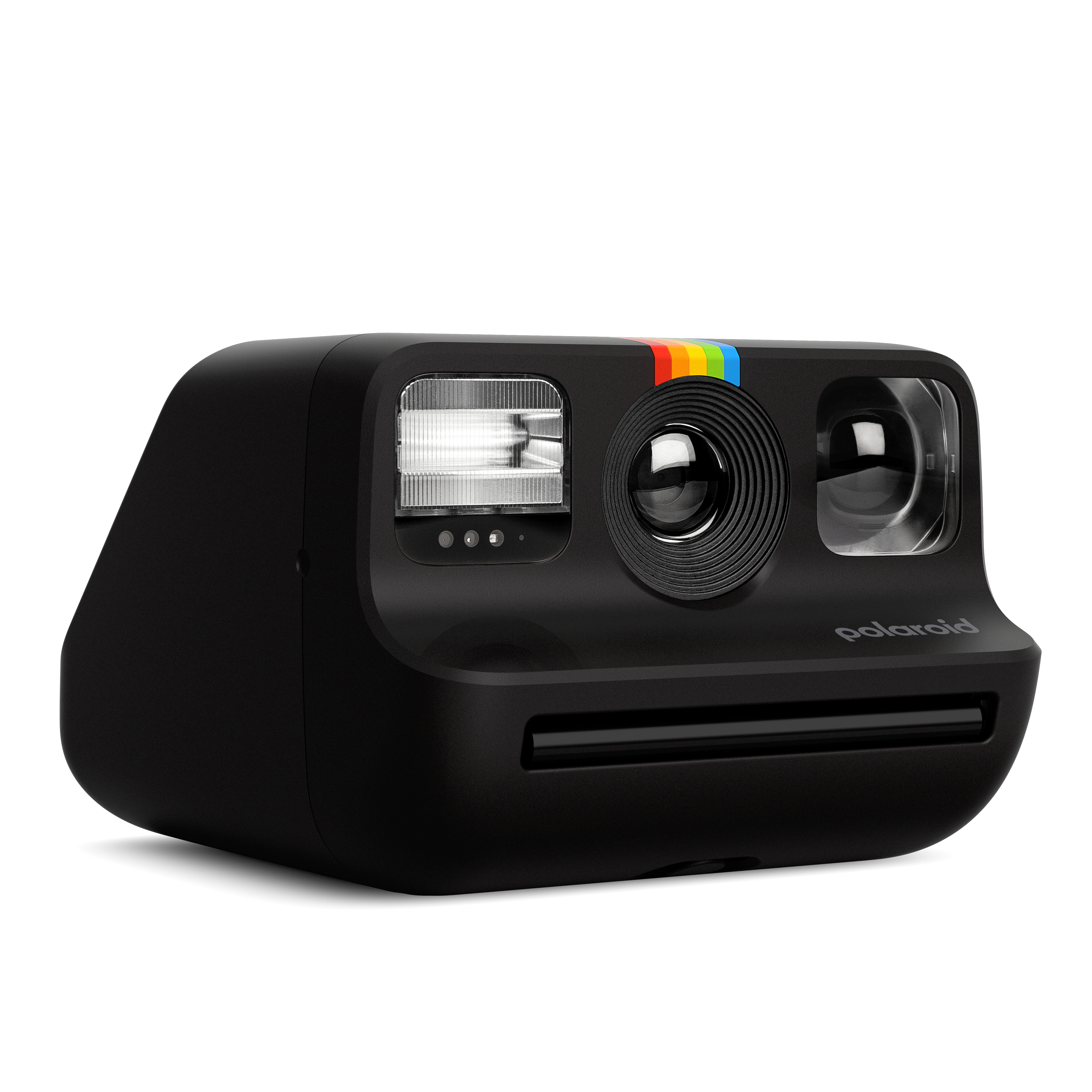 Eine schwarze Polaroid-Kamera mit Regenbogenstreifen und Blitz.