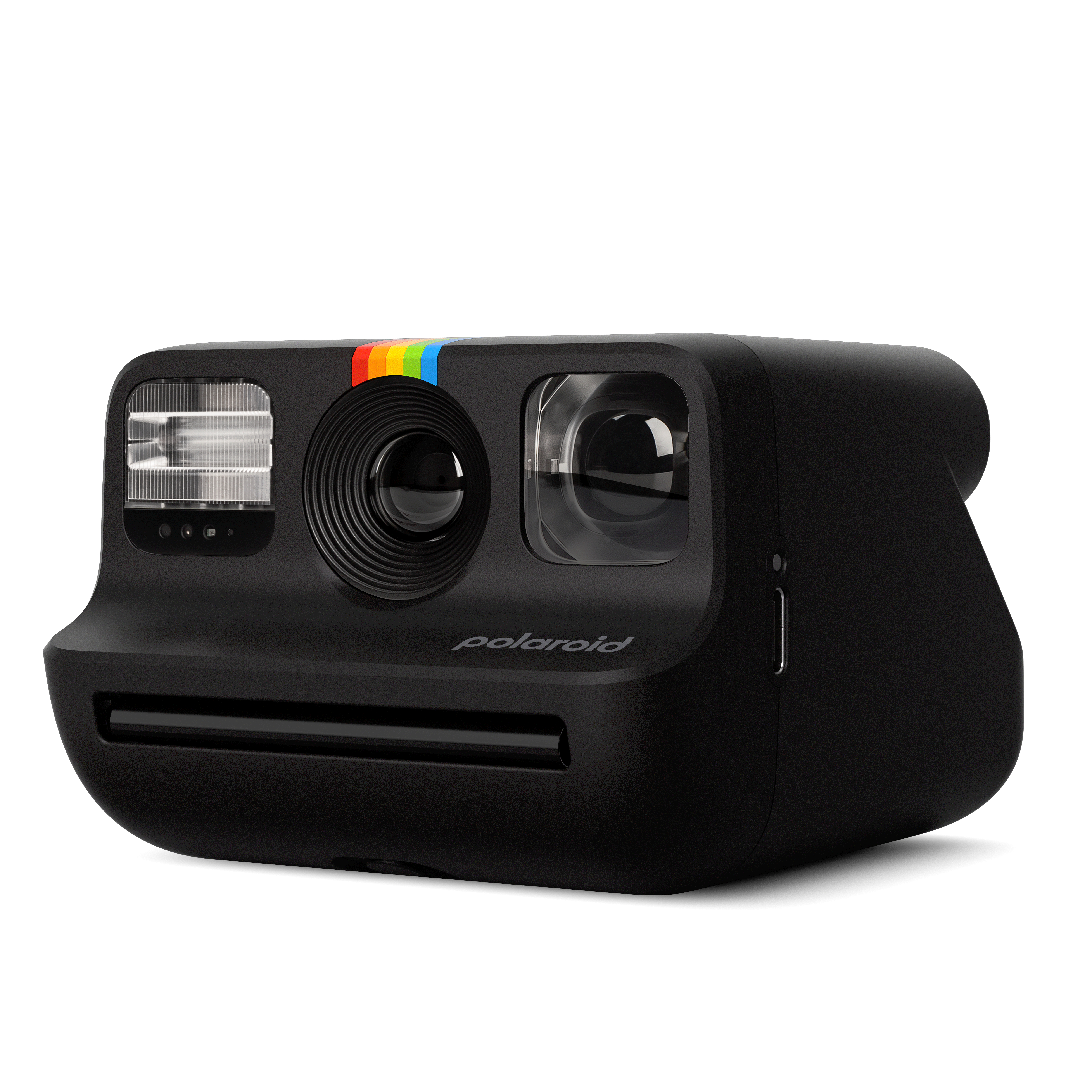 Schwarze Polaroid-Kamera mit Regenbogenstreifen, Blitz und Linse, auf weißem Grund.