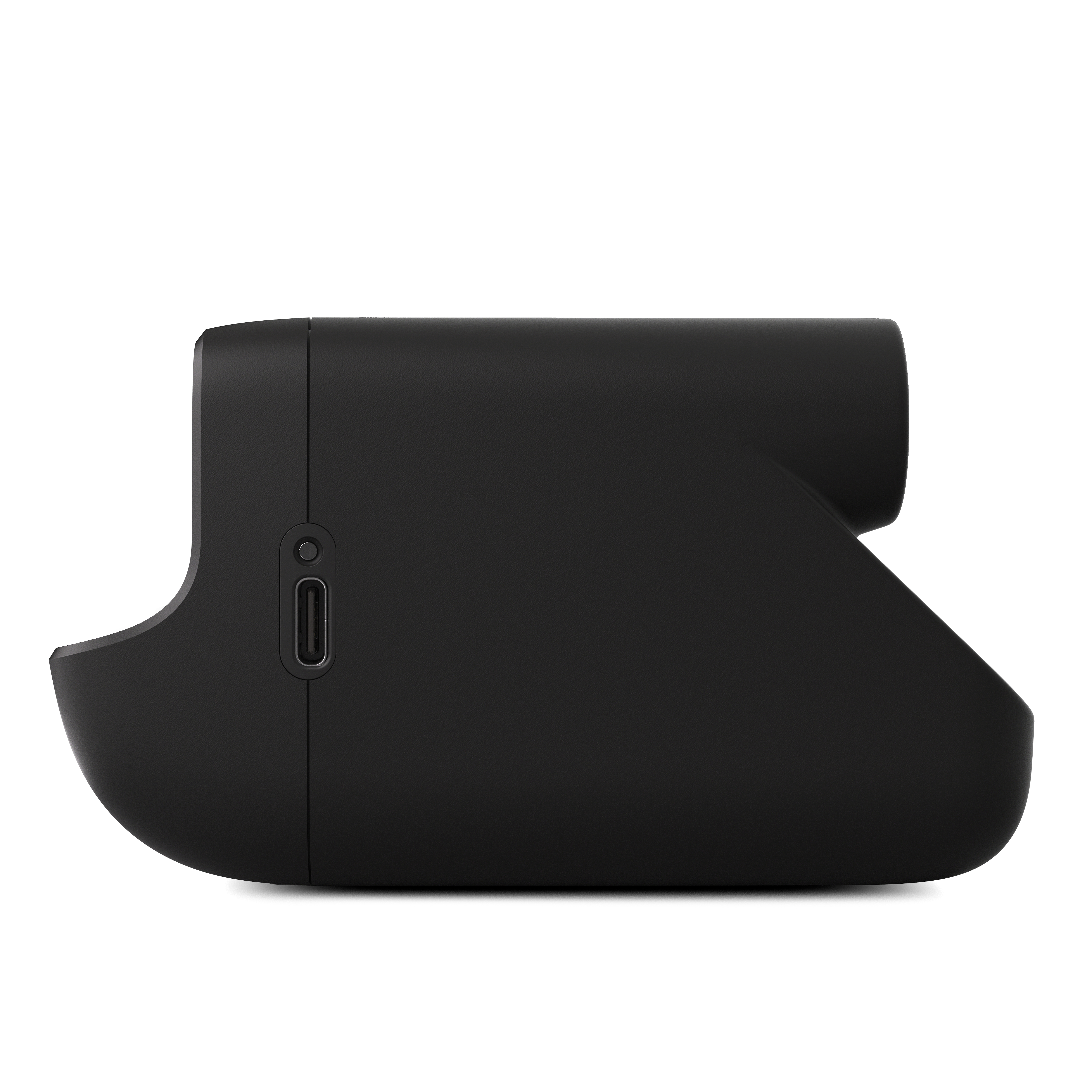 Ein schwarzes Kameragerät mit einem USB-C-Anschluss. Es ist kompakt und modern gestaltet, für Aufnahmen konzipiert.