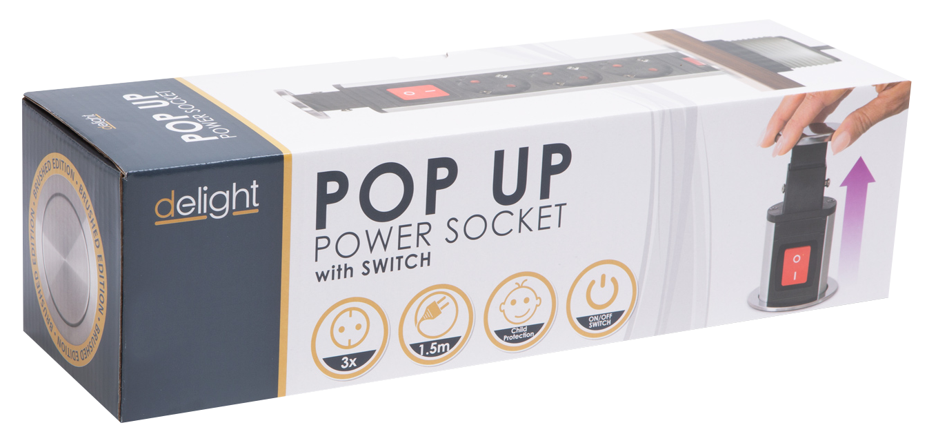 Egy fehér és szürke doboz, melyen a 'Pop Up Power Socket' felirat szerepel. Funkciók ikonjai vannak rajta, és egy kéz felhúz egy aljzatot.