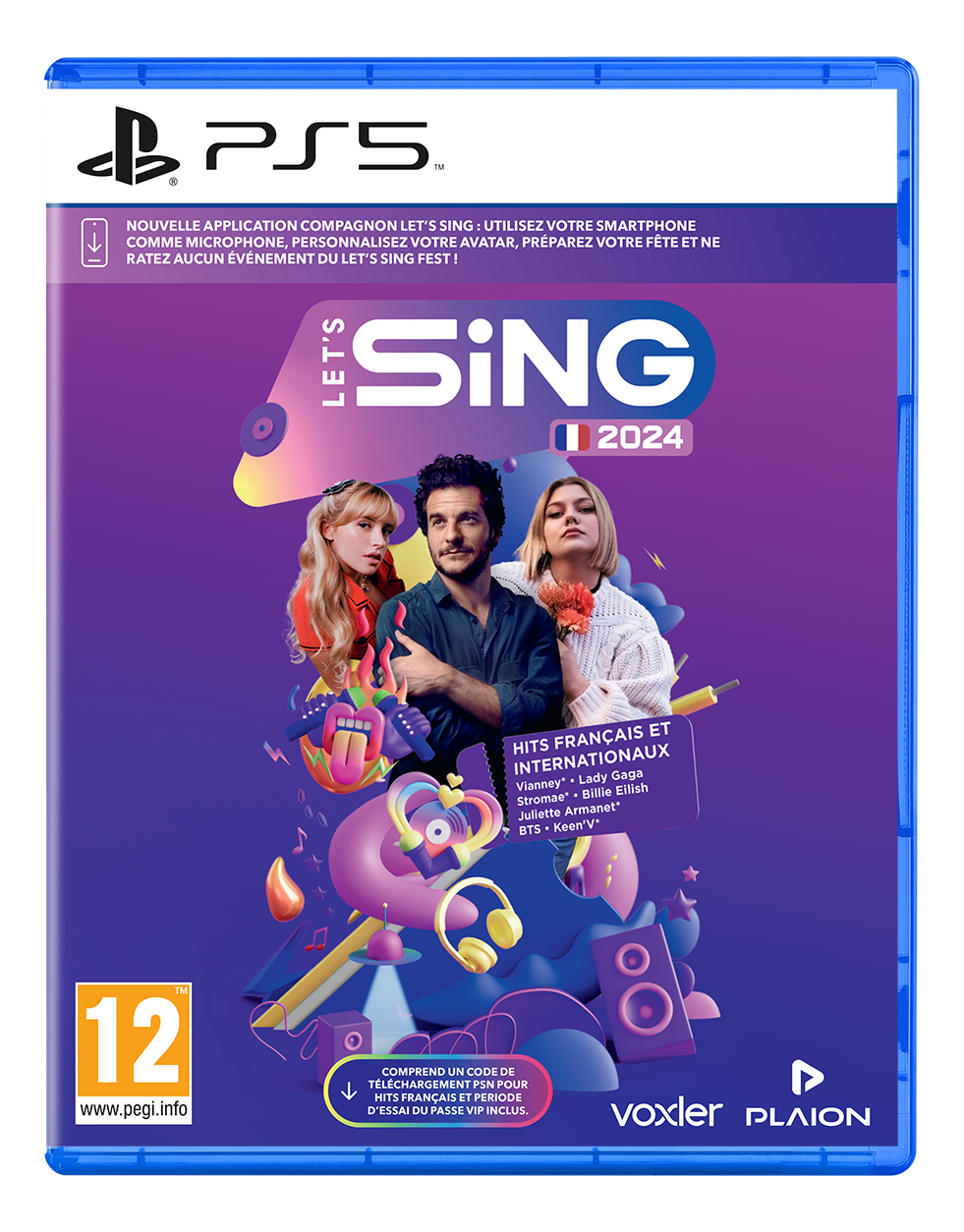PS5-Spielcover von 'Let's Sing 2024' mit drei Personen, einem Mikrofon und farbenfrohem Hintergrund.