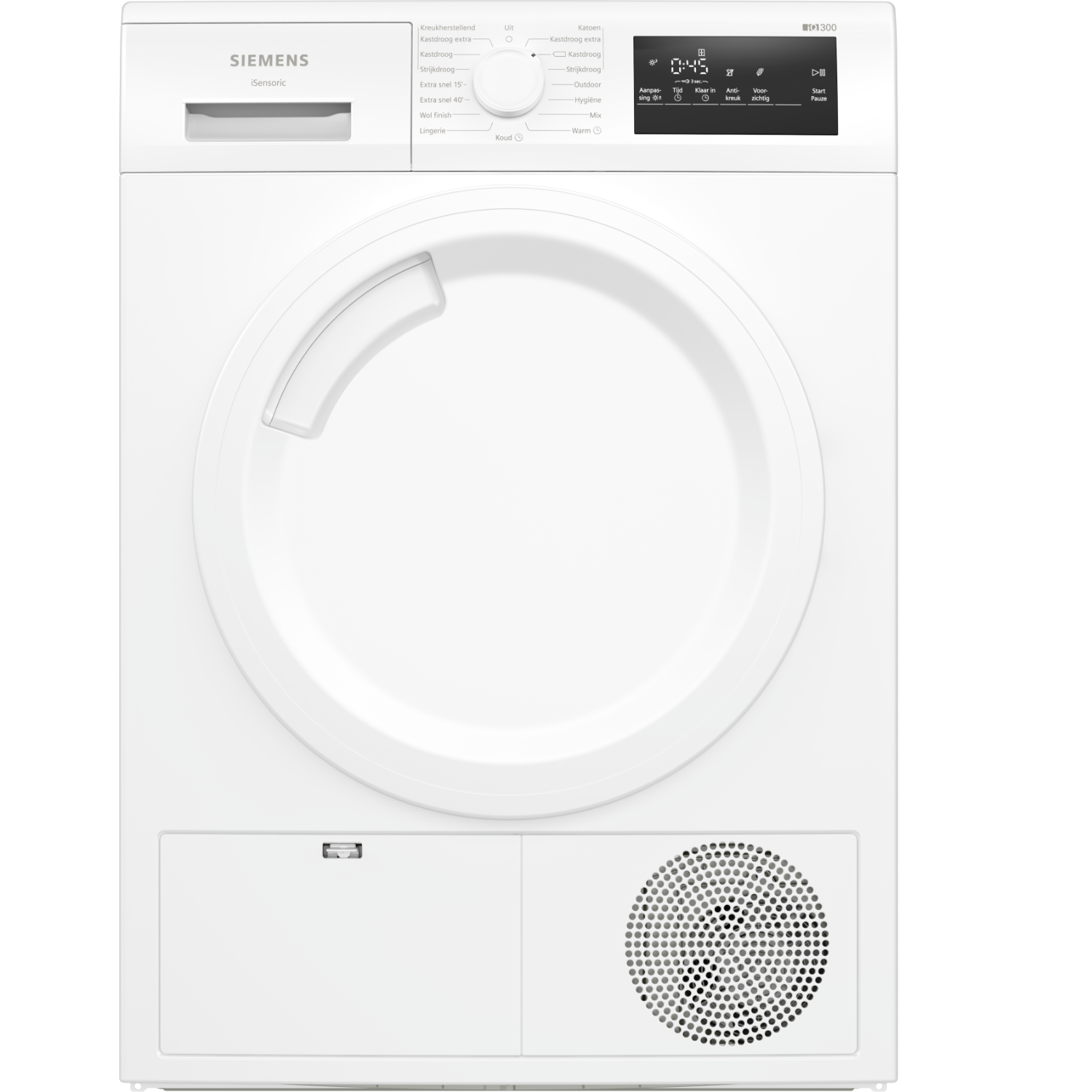 Witte Siemens droger. Het voorpaneel toont bedieningselementen en een digitaal display. Zwarte achtergrond.