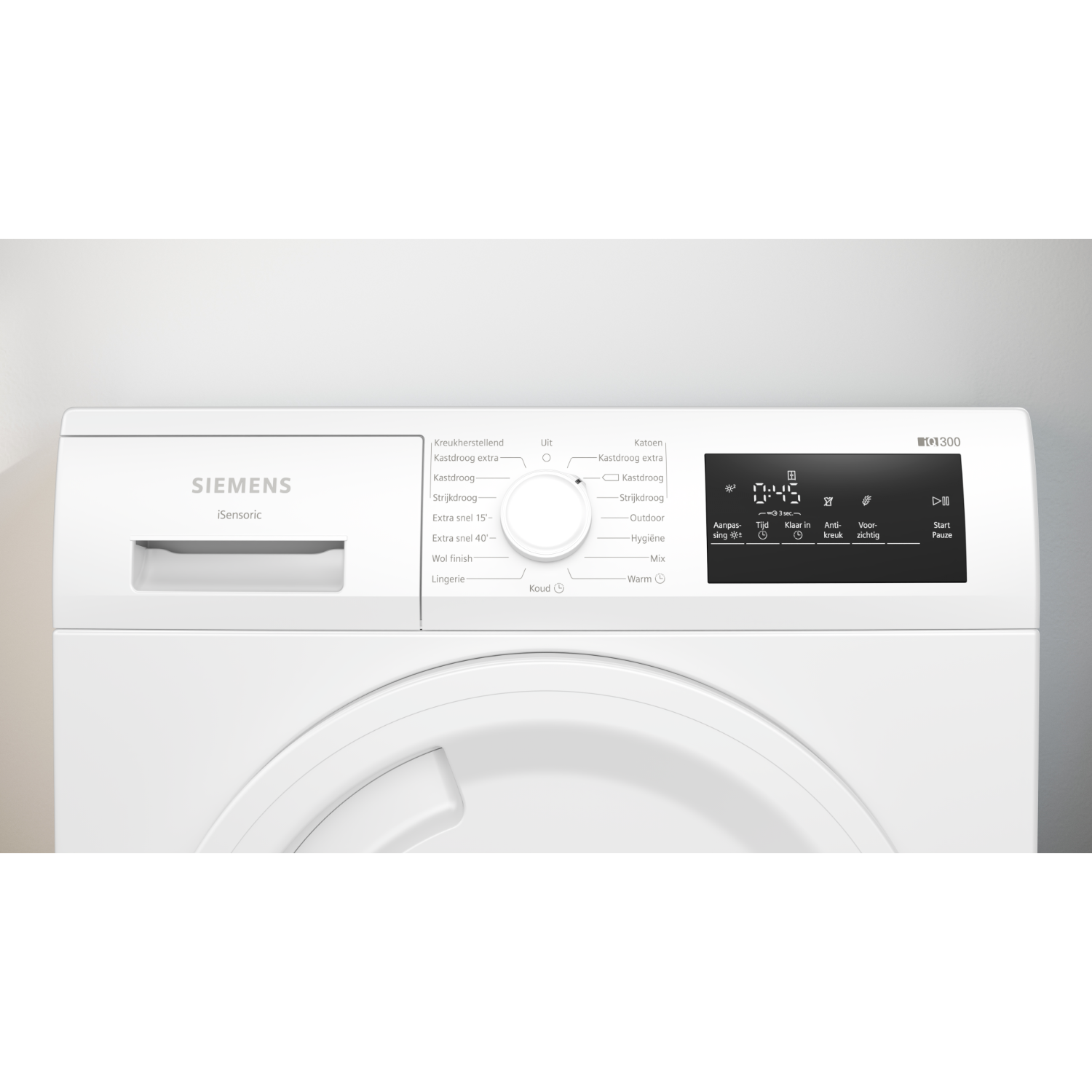 Close-up van een wit bedieningspaneel van een Siemens wasmachine. Verschillende instellingen zijn zichtbaar.