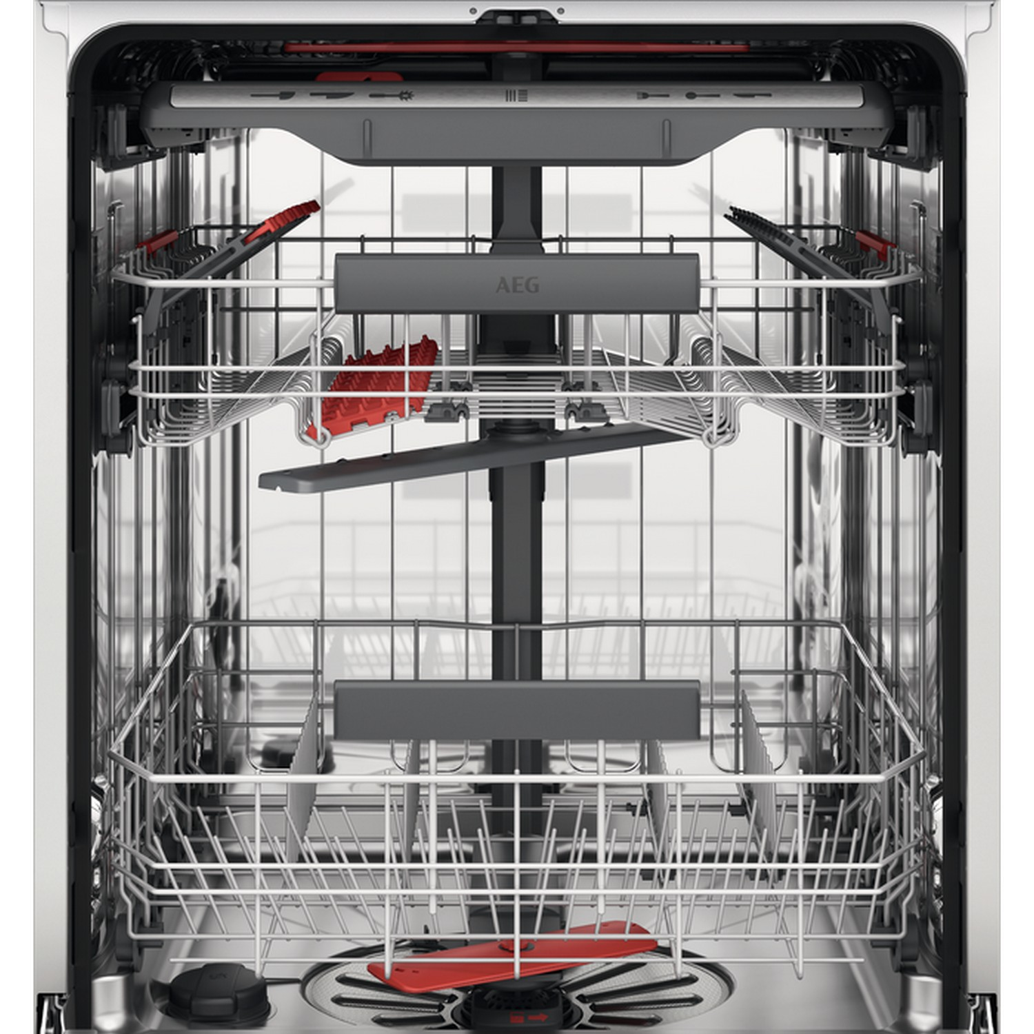 Open dishwasher interior. Upper and lower racks with red accents. AEG logo visible.
