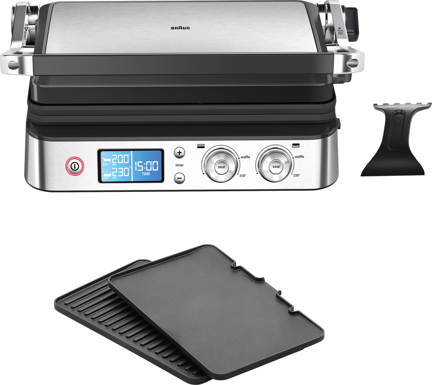 Braun MultiGourmet Grill. Silbernes und schwarzes Gerät mit zwei Grillplatten und einem Ständer. Schwarzer Hintergrund.