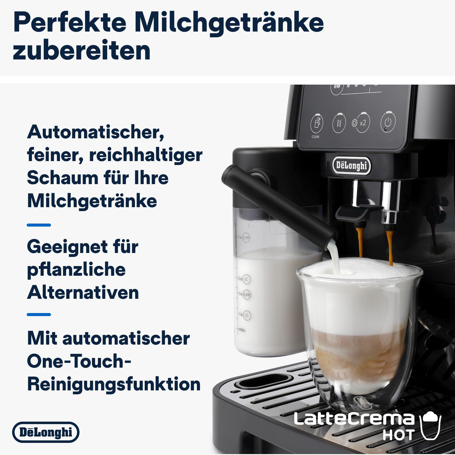 Eine Kaffeemaschine gibt einen Latte aus, der in einem Glas gezeigt wird.