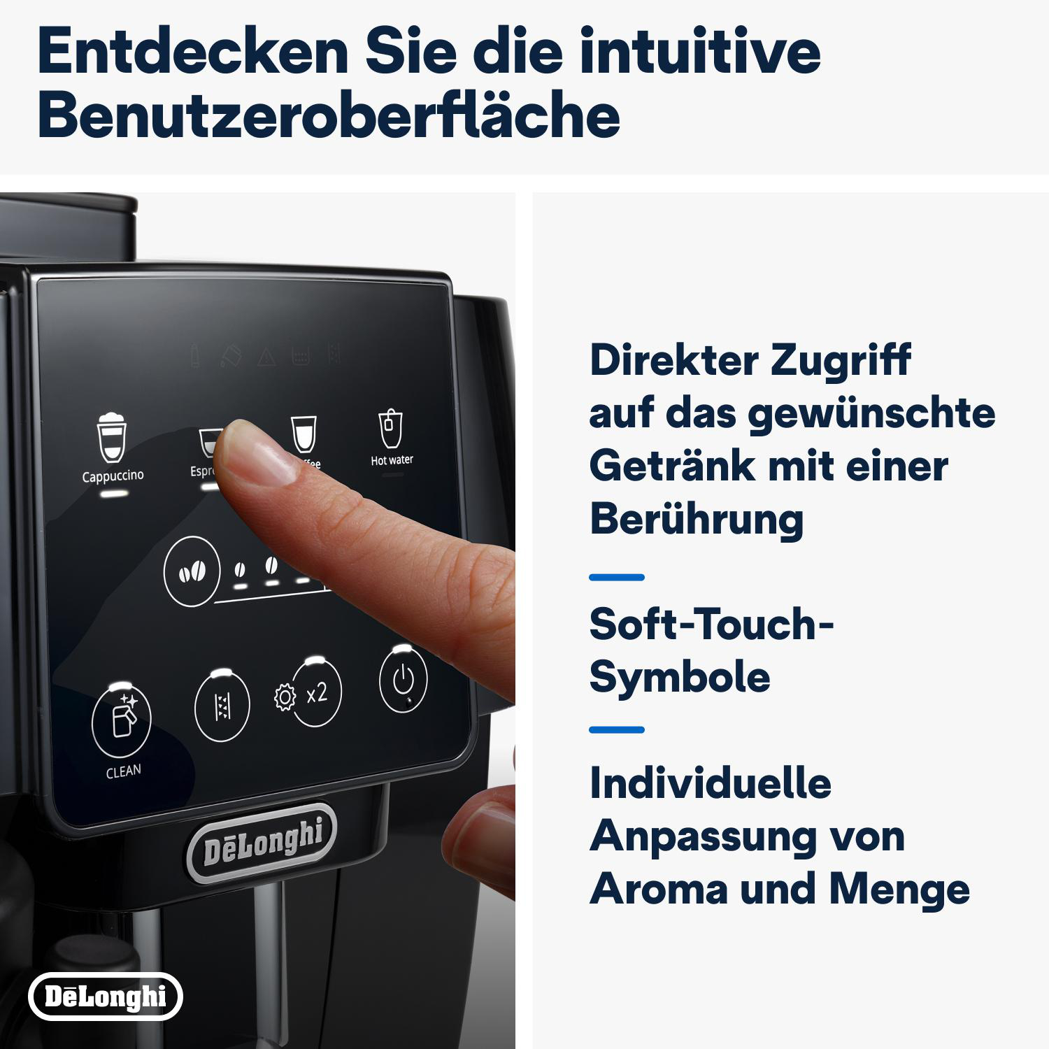 Eine schwarze Kaffeemaschine mit Touchscreen und Text auf weißem Hintergrund.