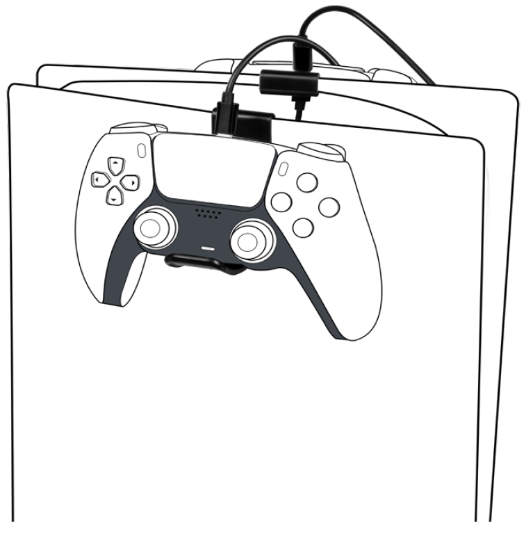 Un dessin au trait en noir et blanc d'une manette PlayStation 5 se chargeant sur une station de charge.