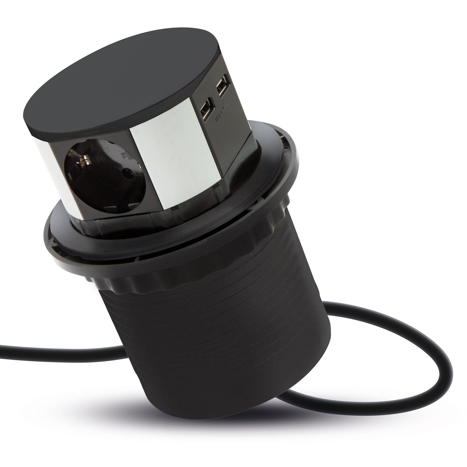 Fekete felugró konnektor USB portokkal. Hengeres kialakítás, fekete kábel csatlakoztatva.