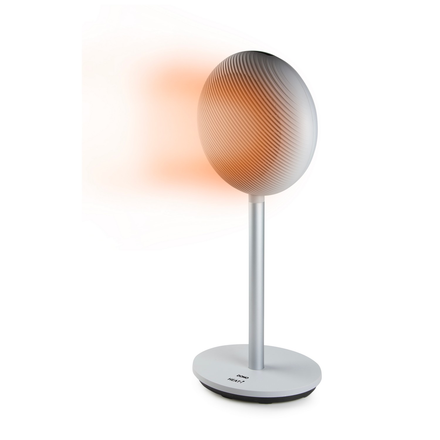 An egg-shaped lamp with a silver stand. It emits orange light on a white background.