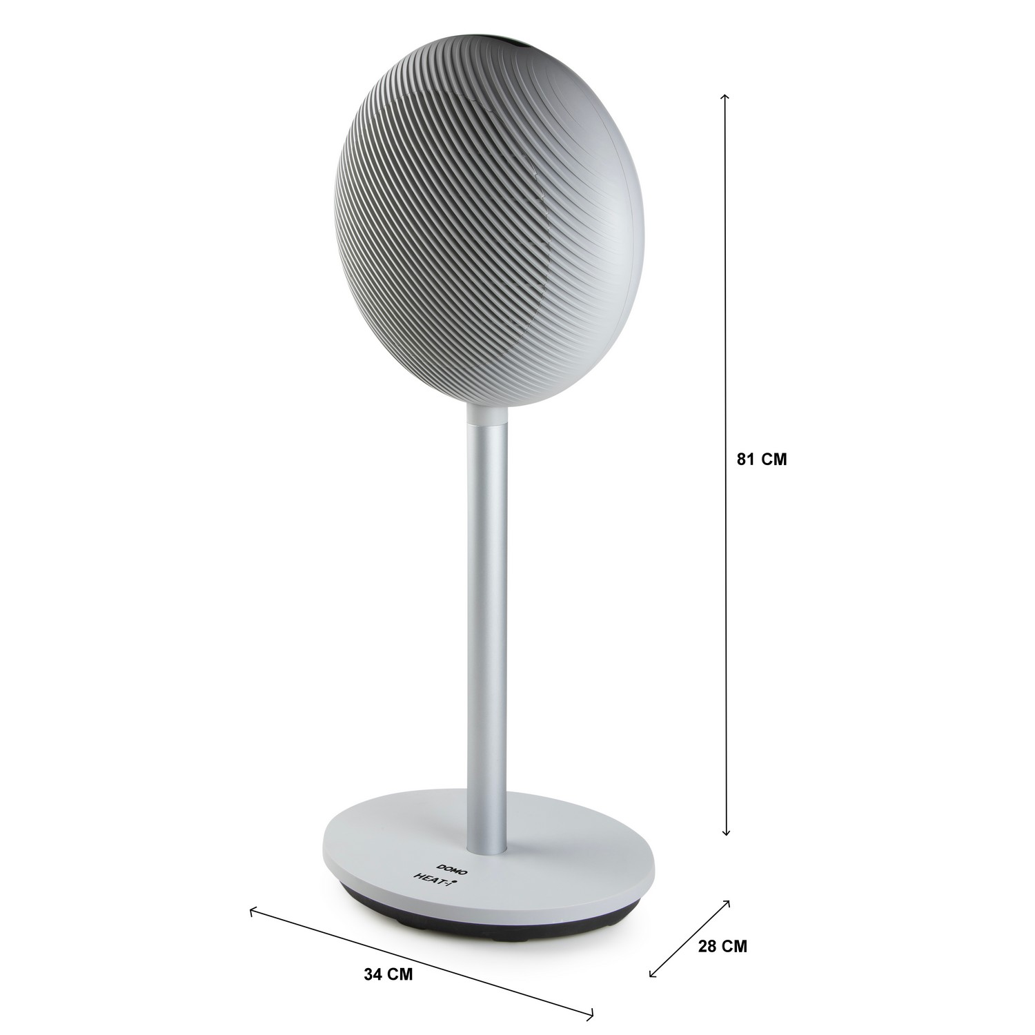 A white, oval-shaped speaker on a silver stand, with dimensions of 34x28x81 cm.