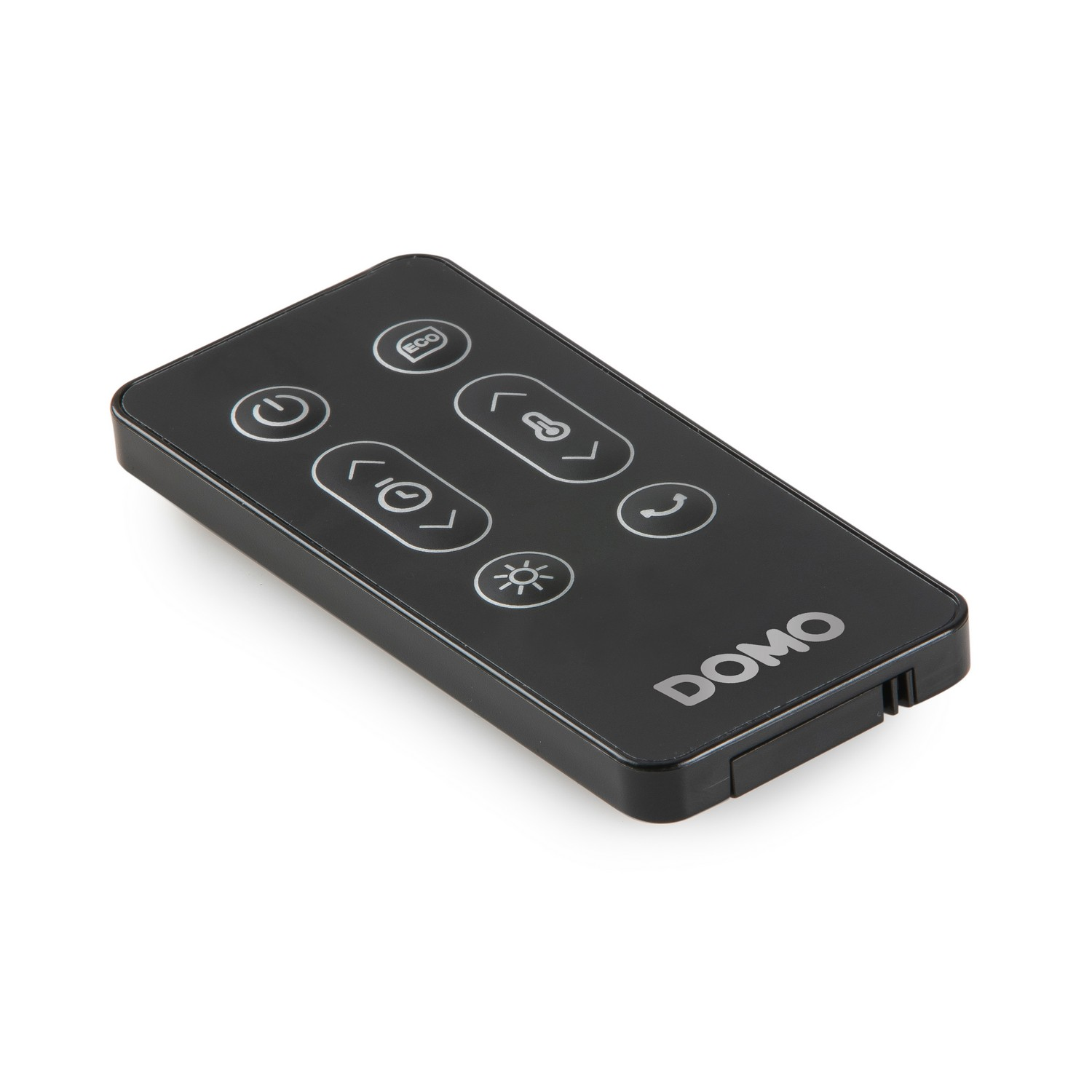 Black remote control with buttons: eco, volume, channel, light, and phone. White background.