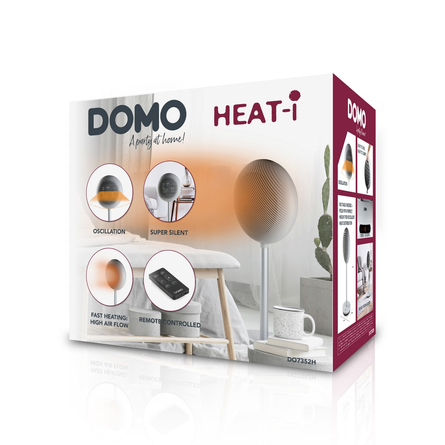 Boxed heater with text and images. It has a white background.