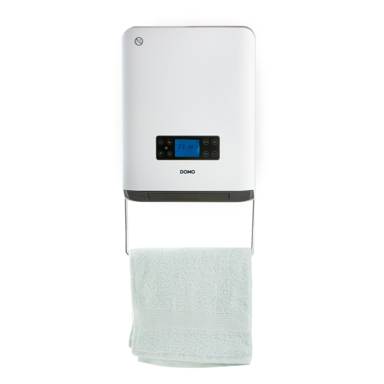 White towel warmer with blue display and a hanging towel.