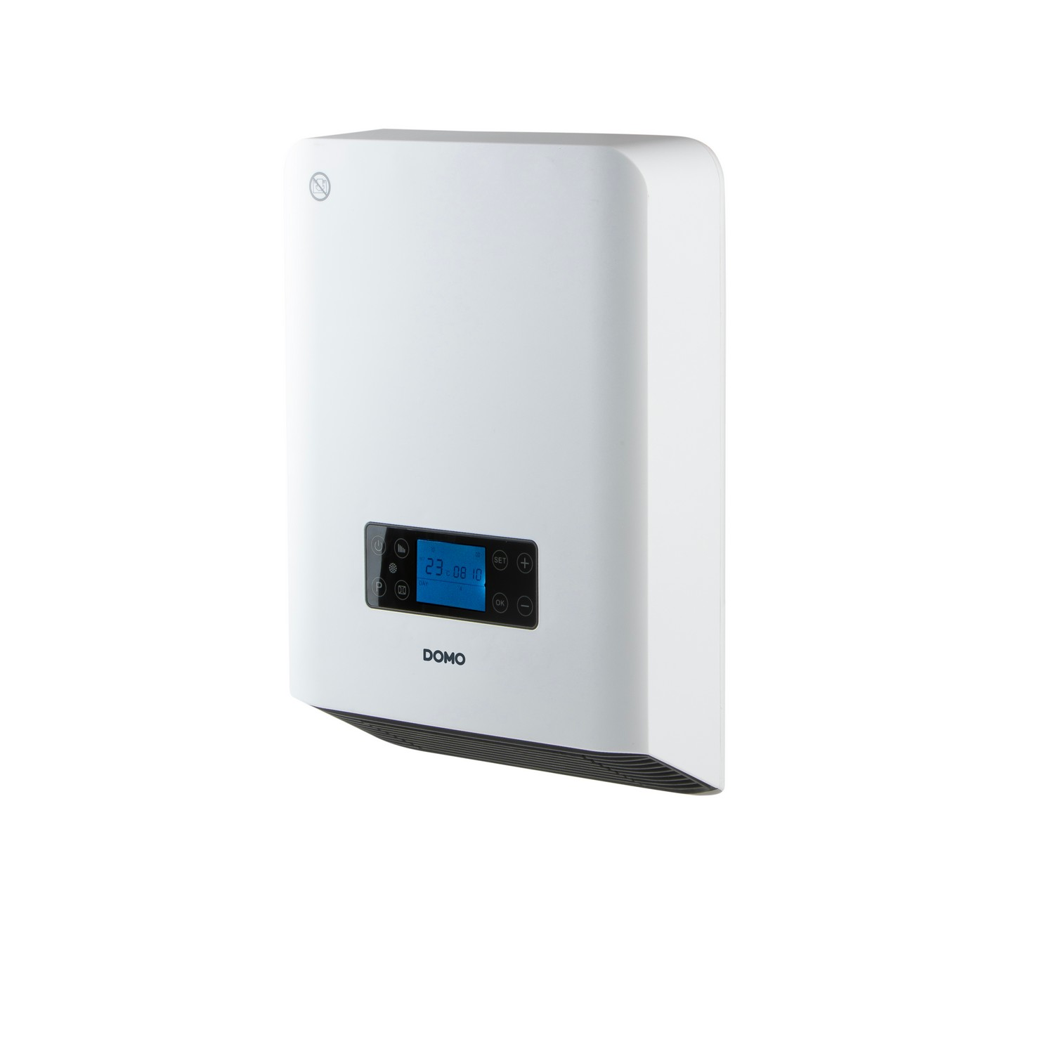 White wall-mounted heater with a digital display showing numbers.