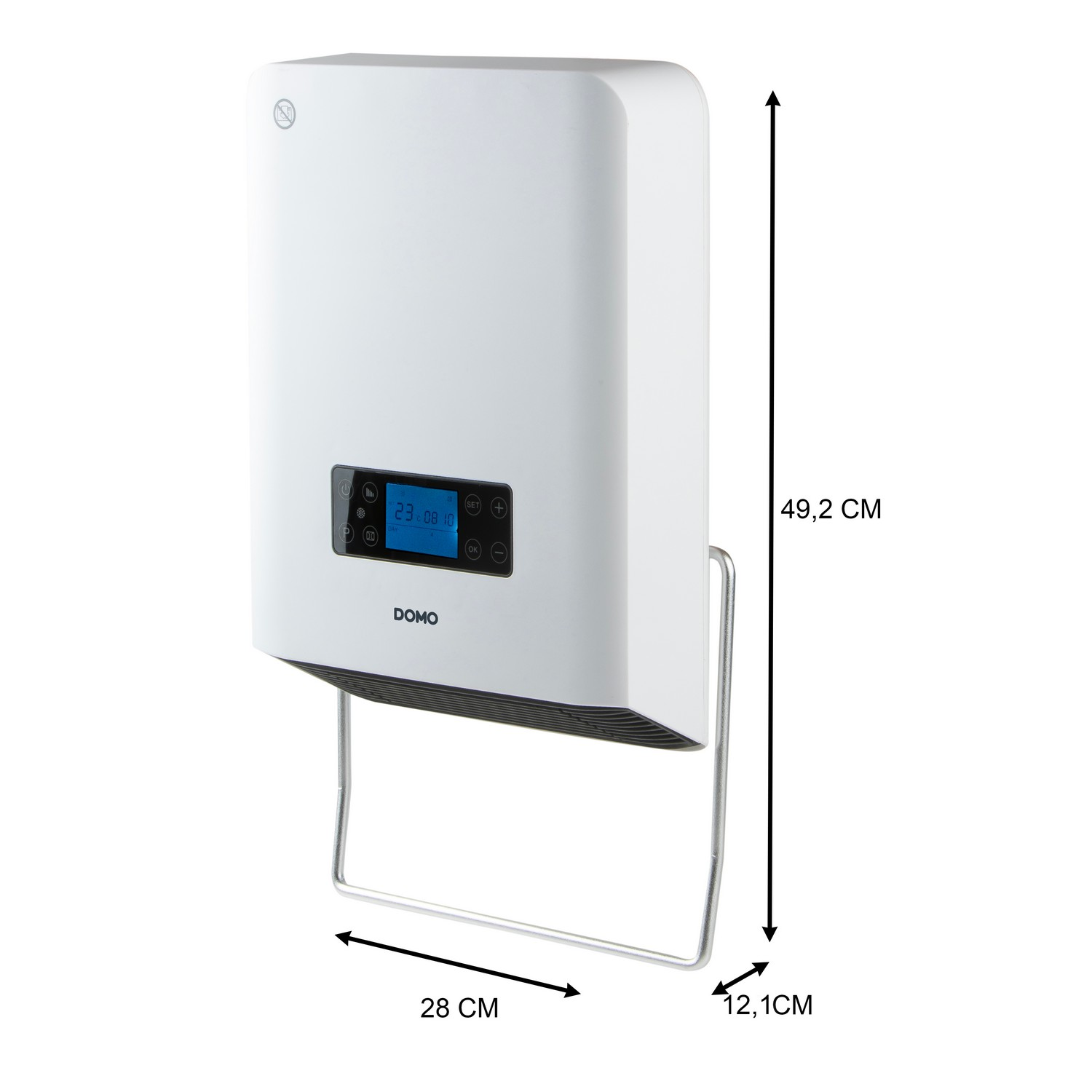 A white electric heater with a digital display, standing on a silver frame; dimensions are indicated.