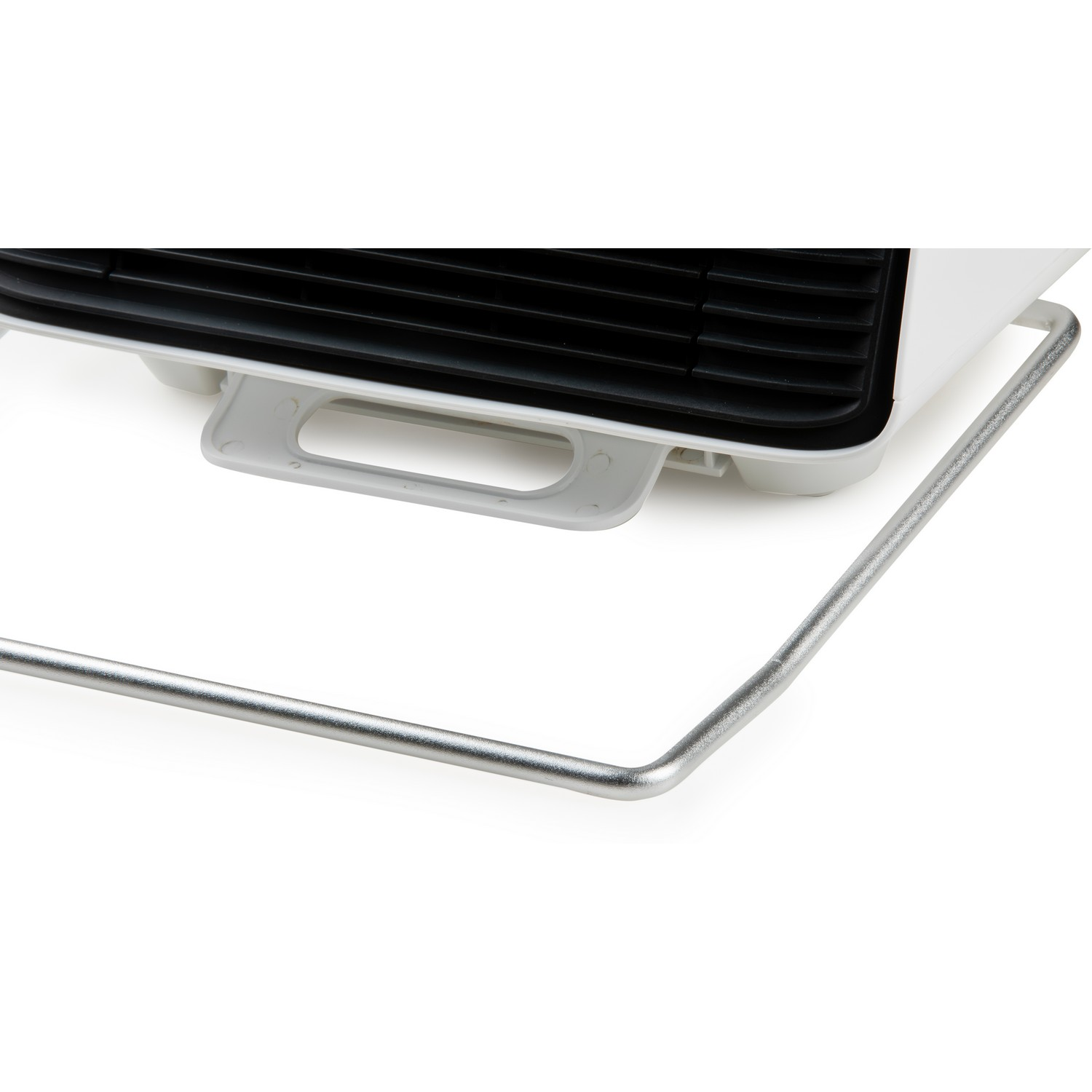 Close-up of a white heater with a silver metal stand and a handle. White background.