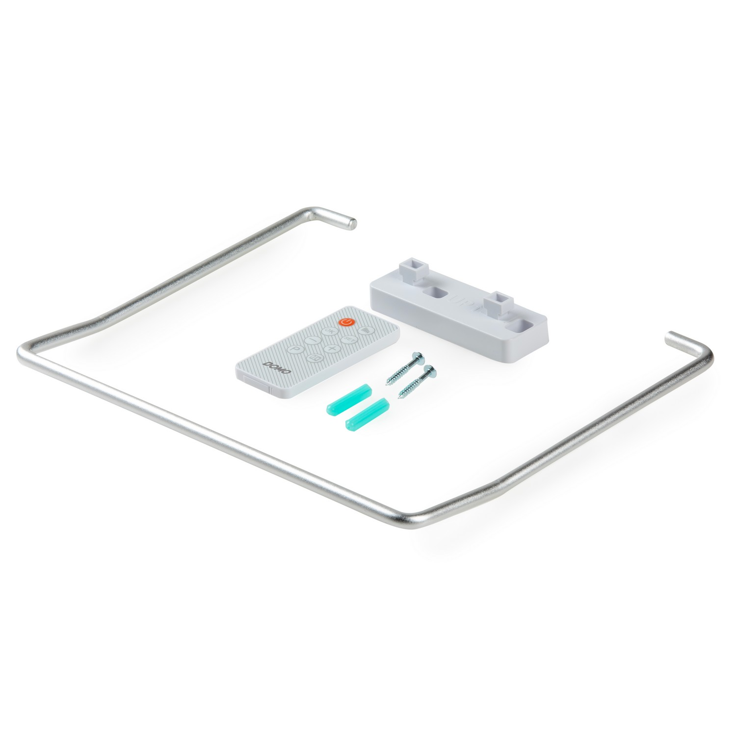 Remote control, mounting bracket, screws on a white background.