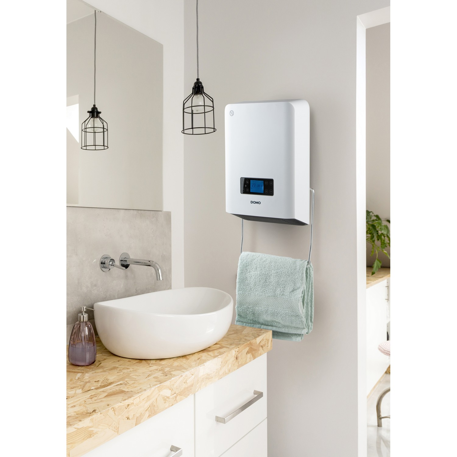 A white bathroom with a sink, a towel, a water heater, and hanging lamps.