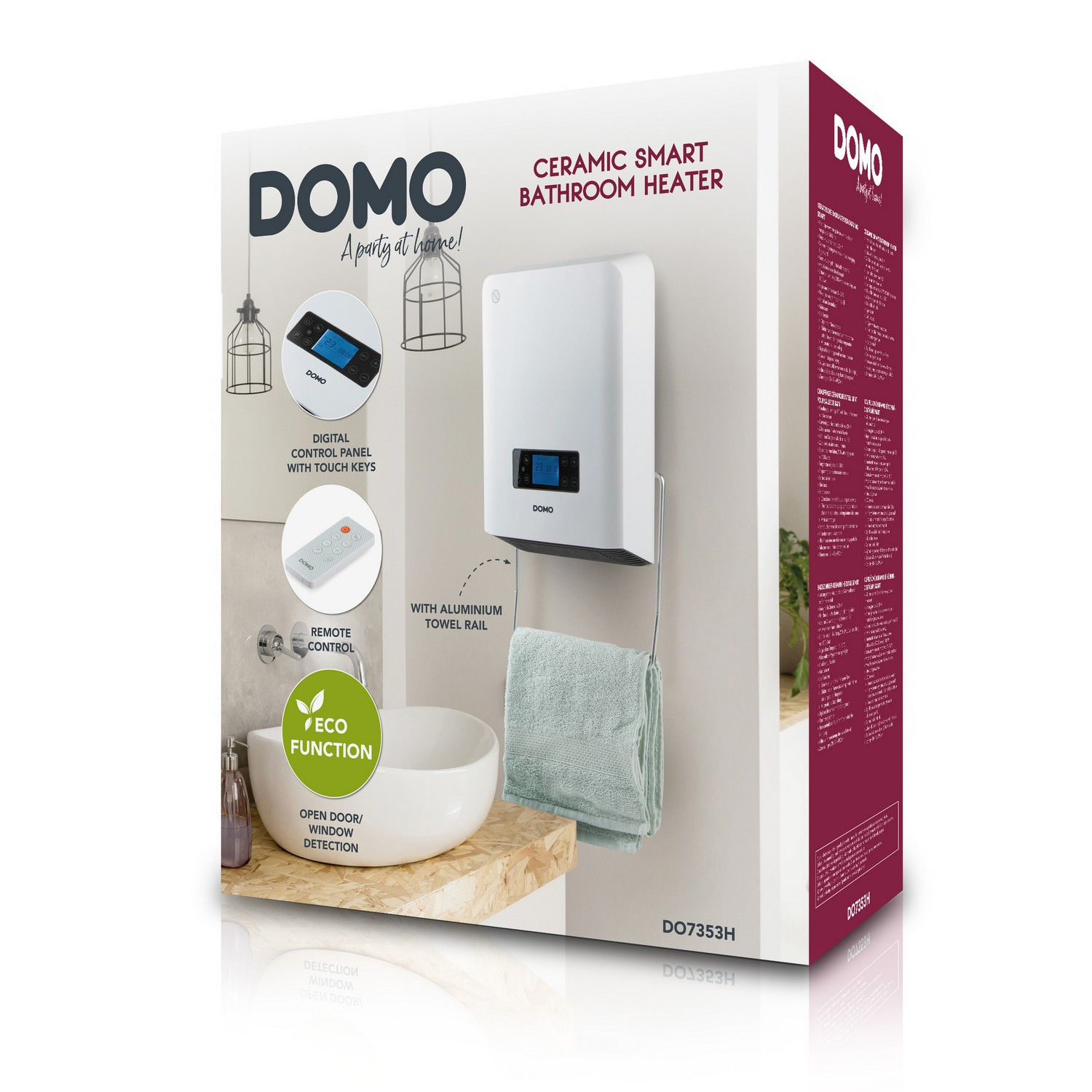 White DOMO ceramic bathroom heater in a box, with a towel rail.