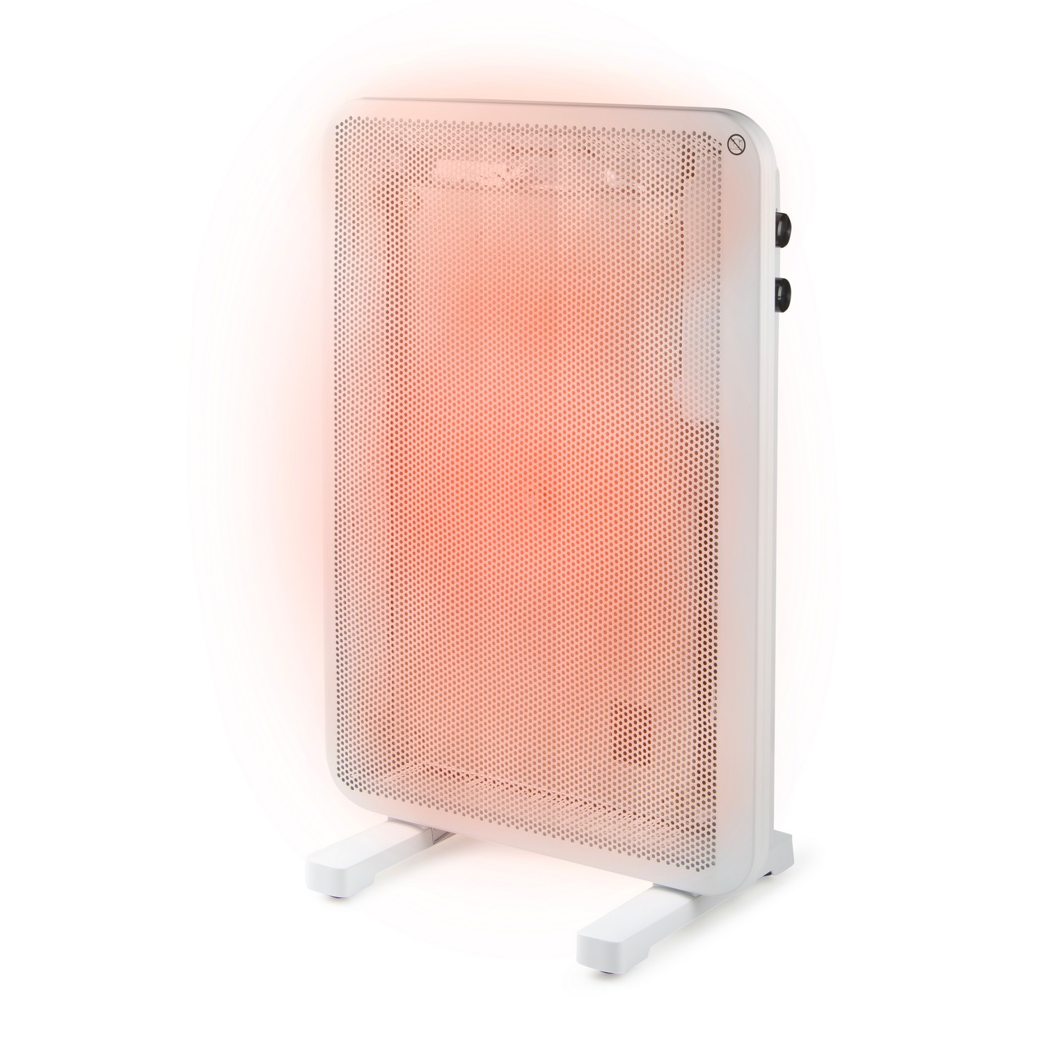 A white electric heater with a red glowing center. White background.