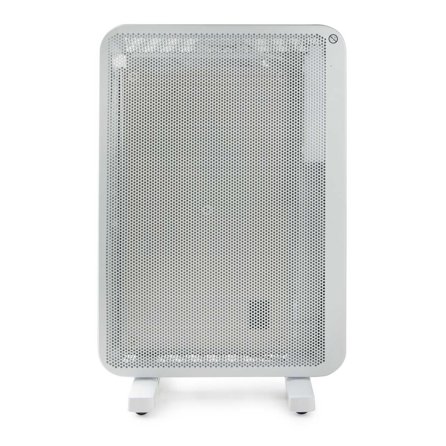 A white electric heater with a perforated front and two small feet.