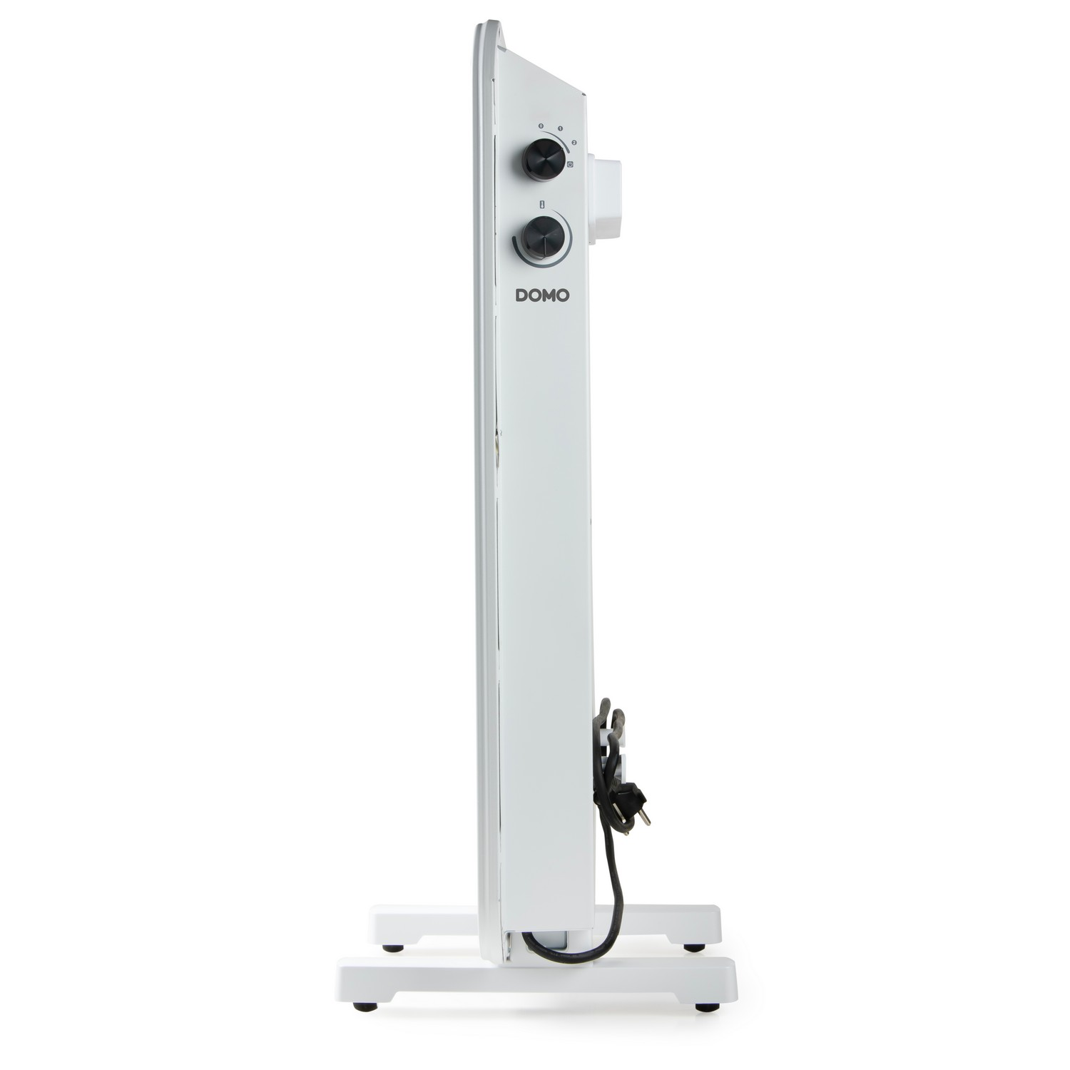 White electric heater with controls and power cord on a white background.