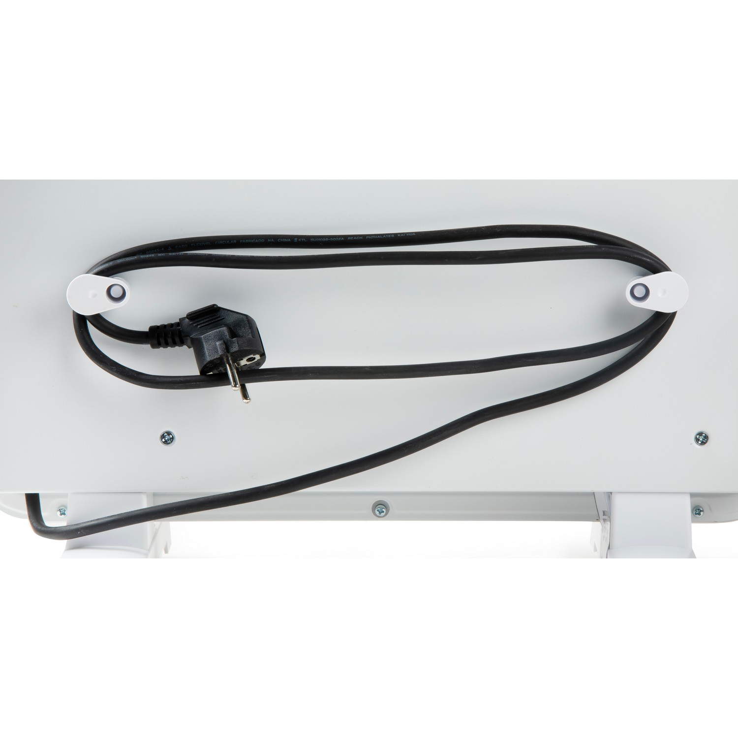 Back of a white device with a black power cord and plug attached. White background.