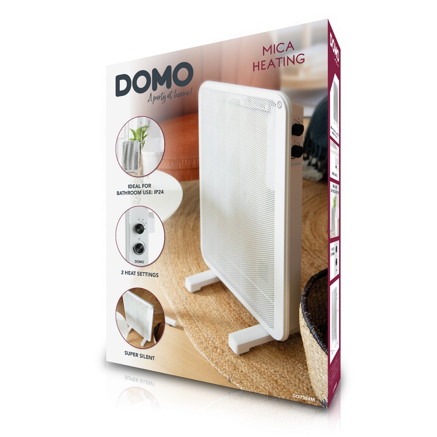 A box with a white heater, text, and images. A heater on a rug is visible.
