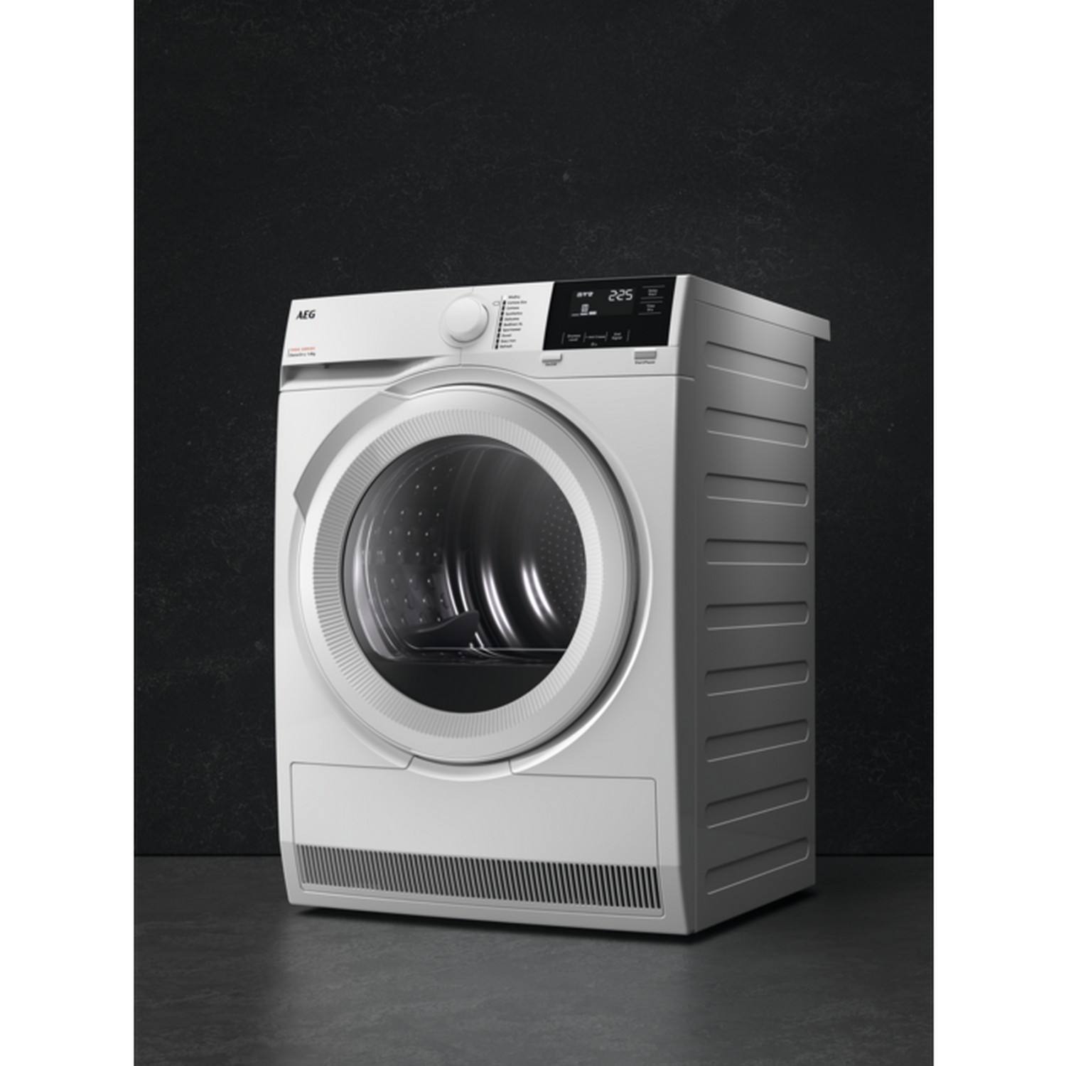 White AEG dryer machine against a dark background.