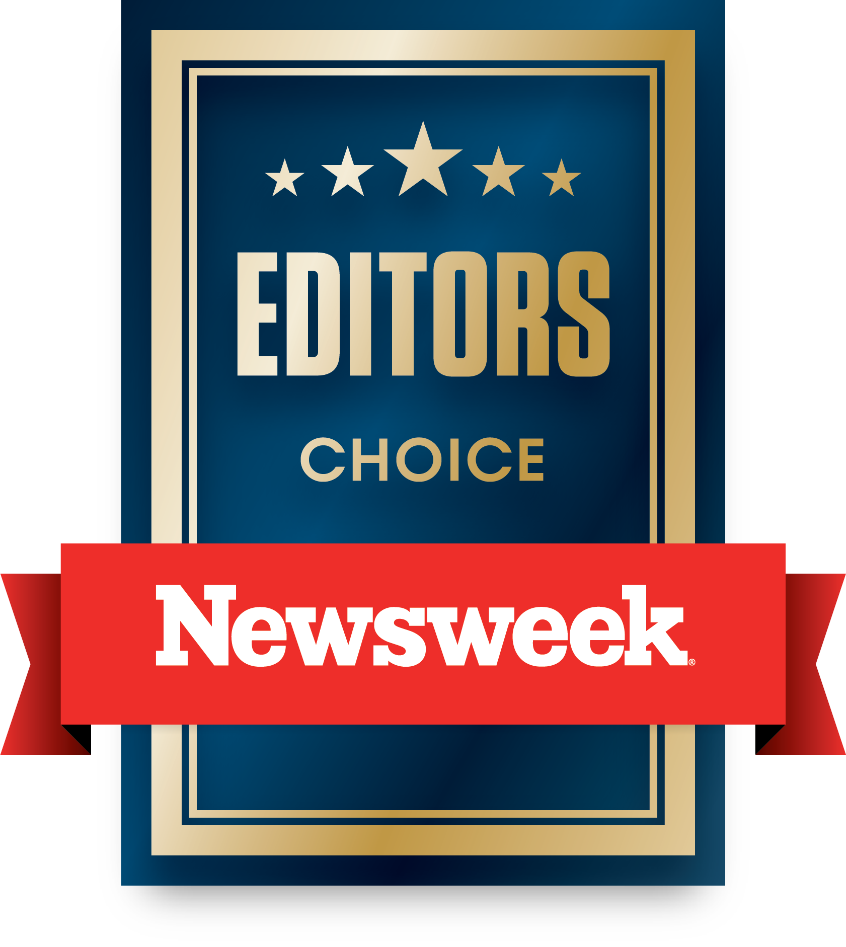 Newsweek Editors' Choice Auszeichnungslogo. Blauer Hintergrund, goldener Rahmen, rotes Band mit weißem Text.
