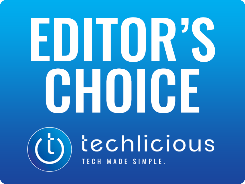 Editor's Choice-Abzeichen von techlicious. Blauer Hintergrund. Weißer Text. Technik einfach gemacht.