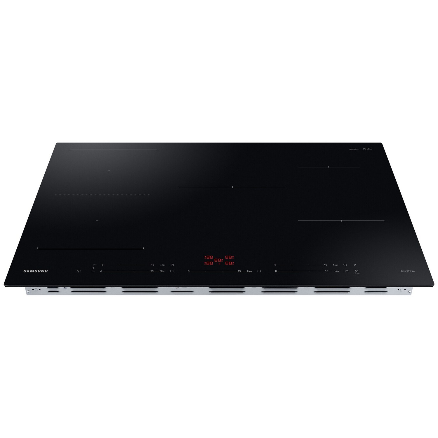 Black Samsung induction cooktop, top view.