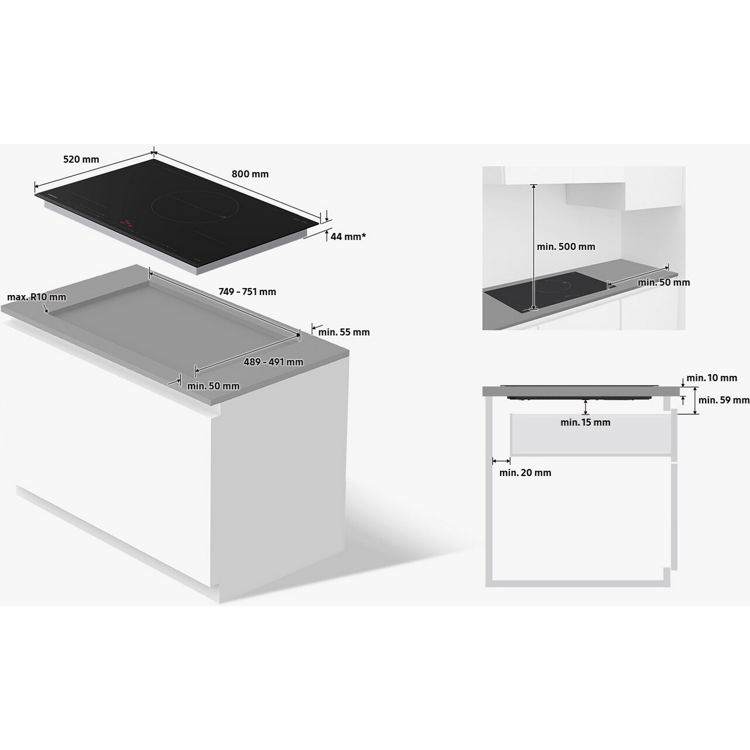 Diagram of a cooktop with dimensions.