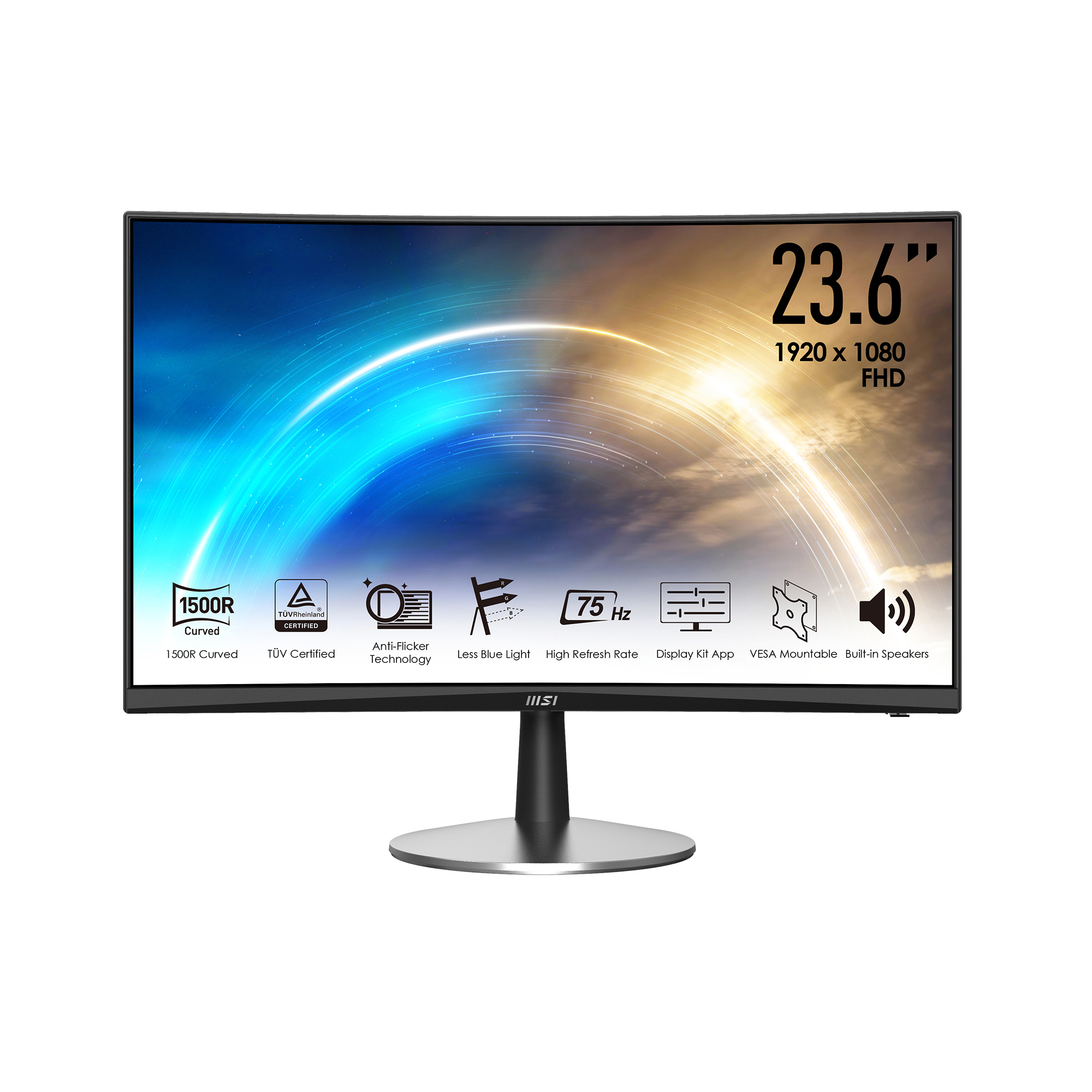 23,6" gekrümmter MSI-Monitor mit Anzeigeinformationen und Symbolen auf einem Ständer.
