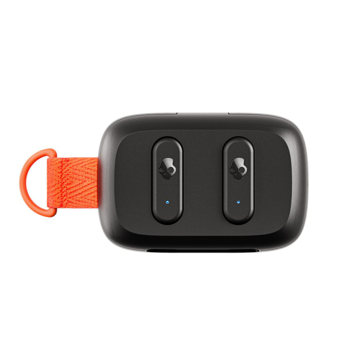Schwarze und orangefarbene Skullcandy-Ohrhörer. Das Ladecase ist schwarz mit orangefarbenem Riemen.