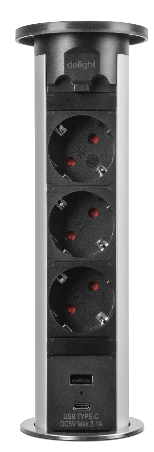 DELIGHT rejtett motoros elosztó 3-as, 2 USB, ezüst (20451S)