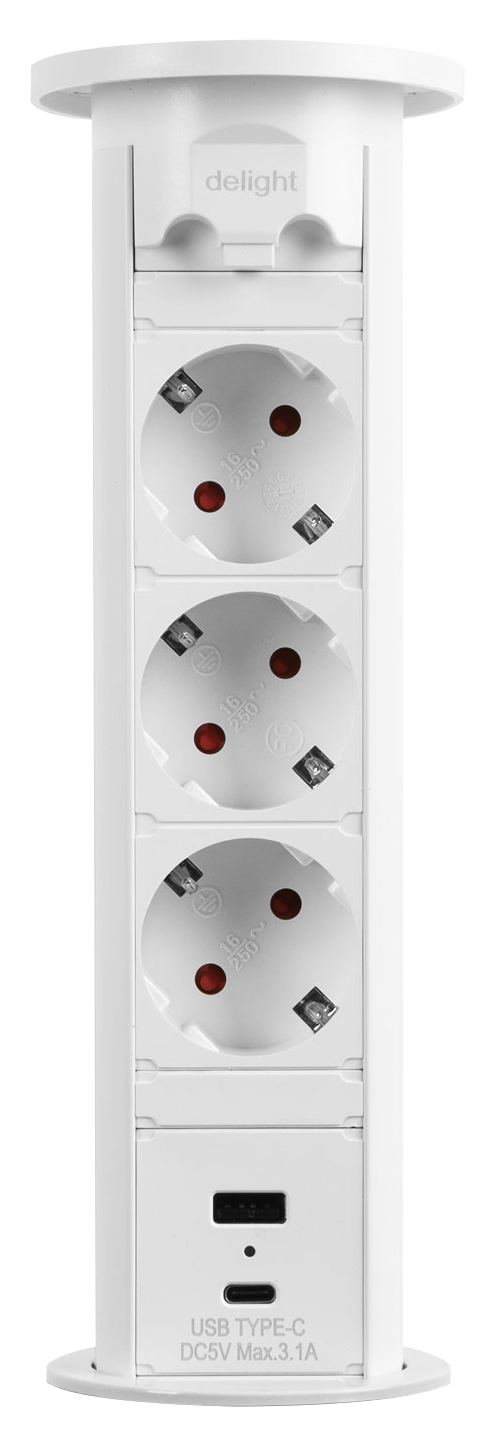 DELIGHT rejtett motoros elosztó 3-as, 2 USB, fehér (20451W)