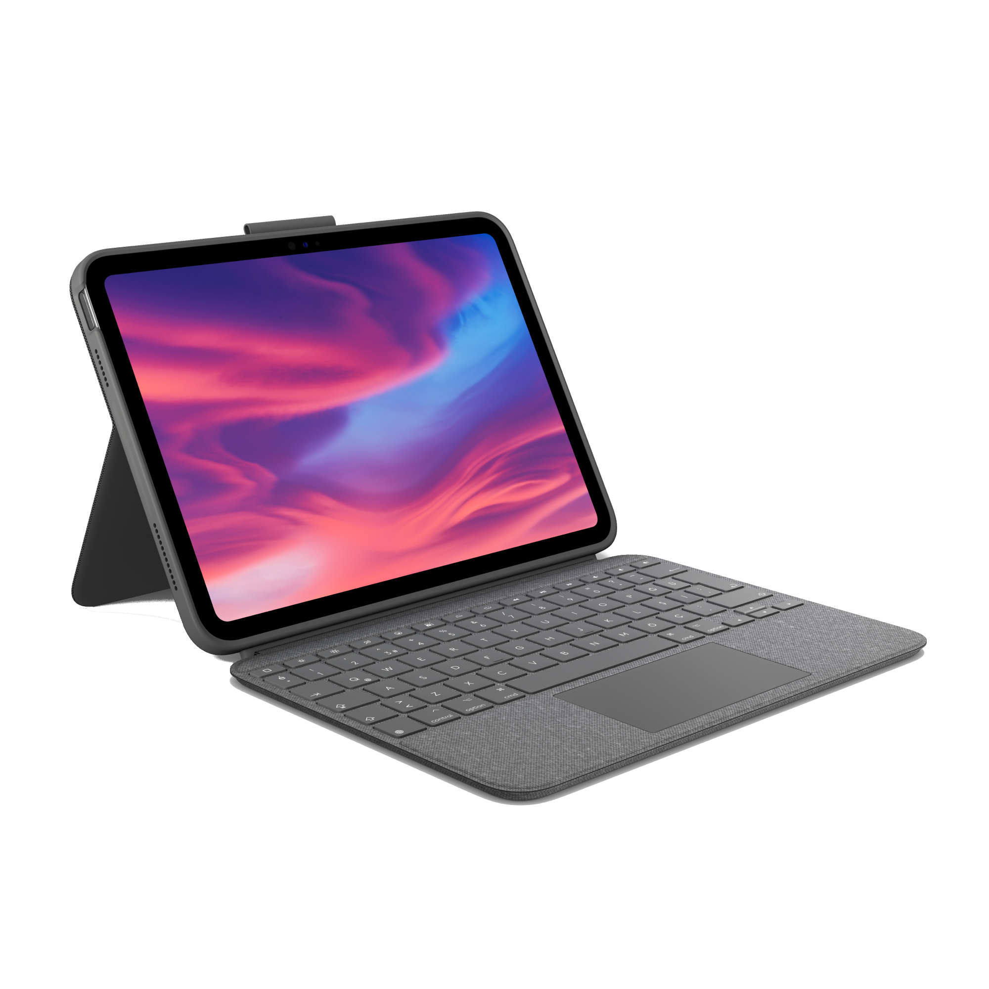 Takılı klavyesi olan açık bir tablet, ekranda gün batımına benzer bir görüntü gösteriyor. Gri ve siyah renkler.