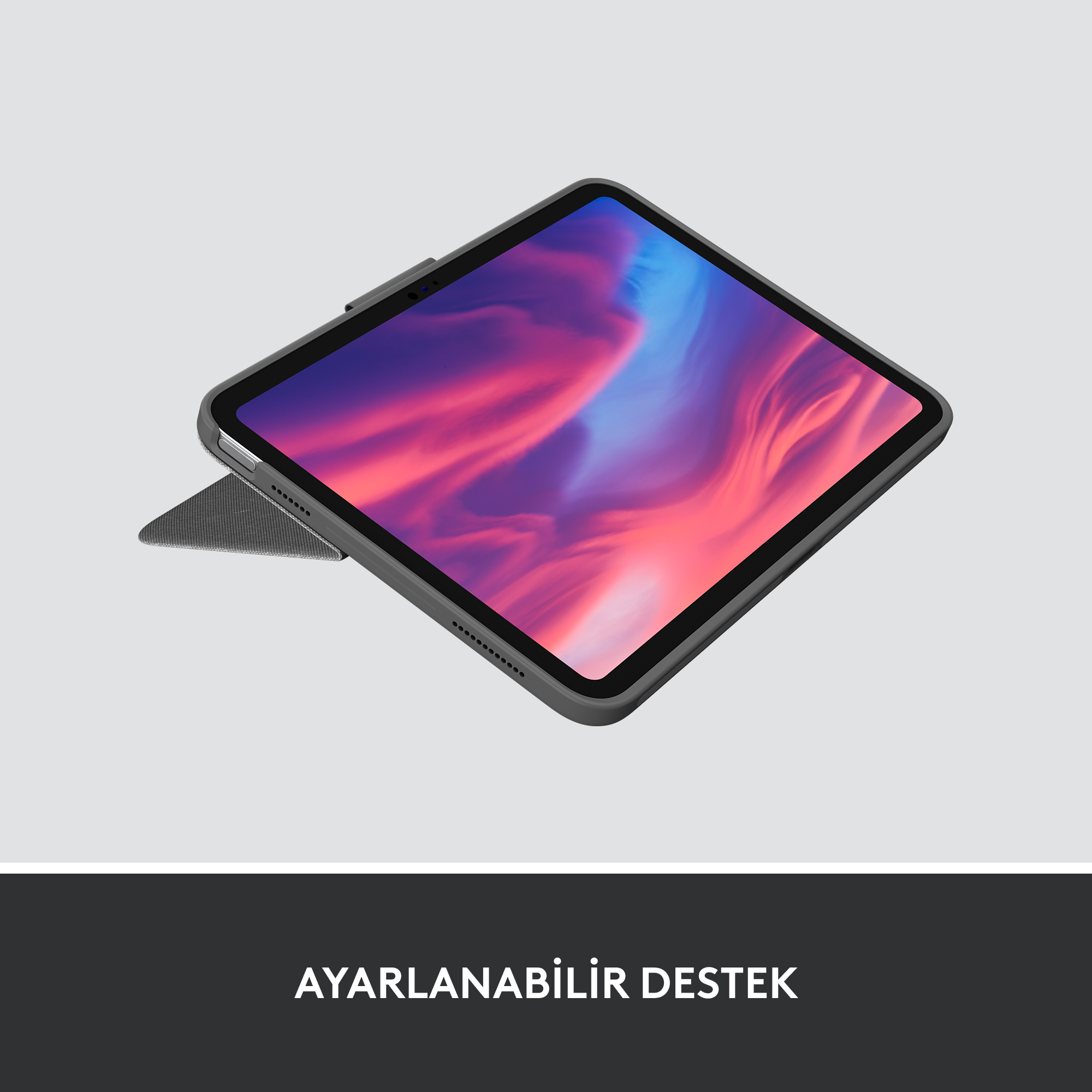 Ekranı ve ayarlanabilir desteği gösteren bir kılıf ile tablet.