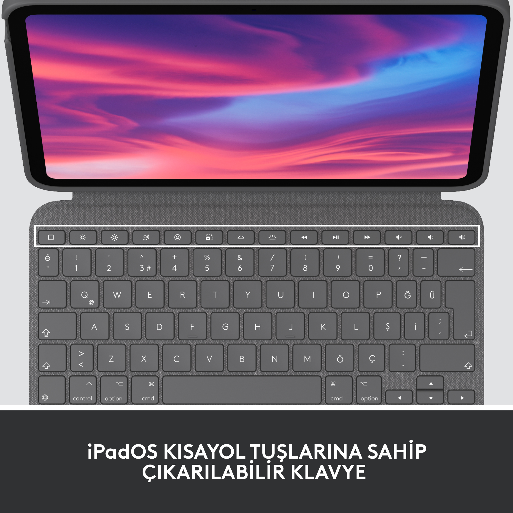 Klavye kılıfı ile tablet. Ekranın altında klavye. Gri kapak, beyaz arka plan. Altta metin.