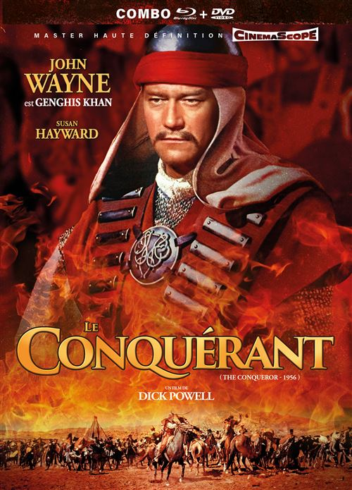 Affiche de film. John Wayne en Gengis Khan. Fond rouge et orange.