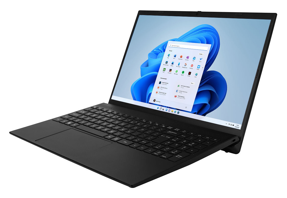 Czarny laptop z otwartym ekranem, wyświetlającym interfejs Windows 11. Białe tło.