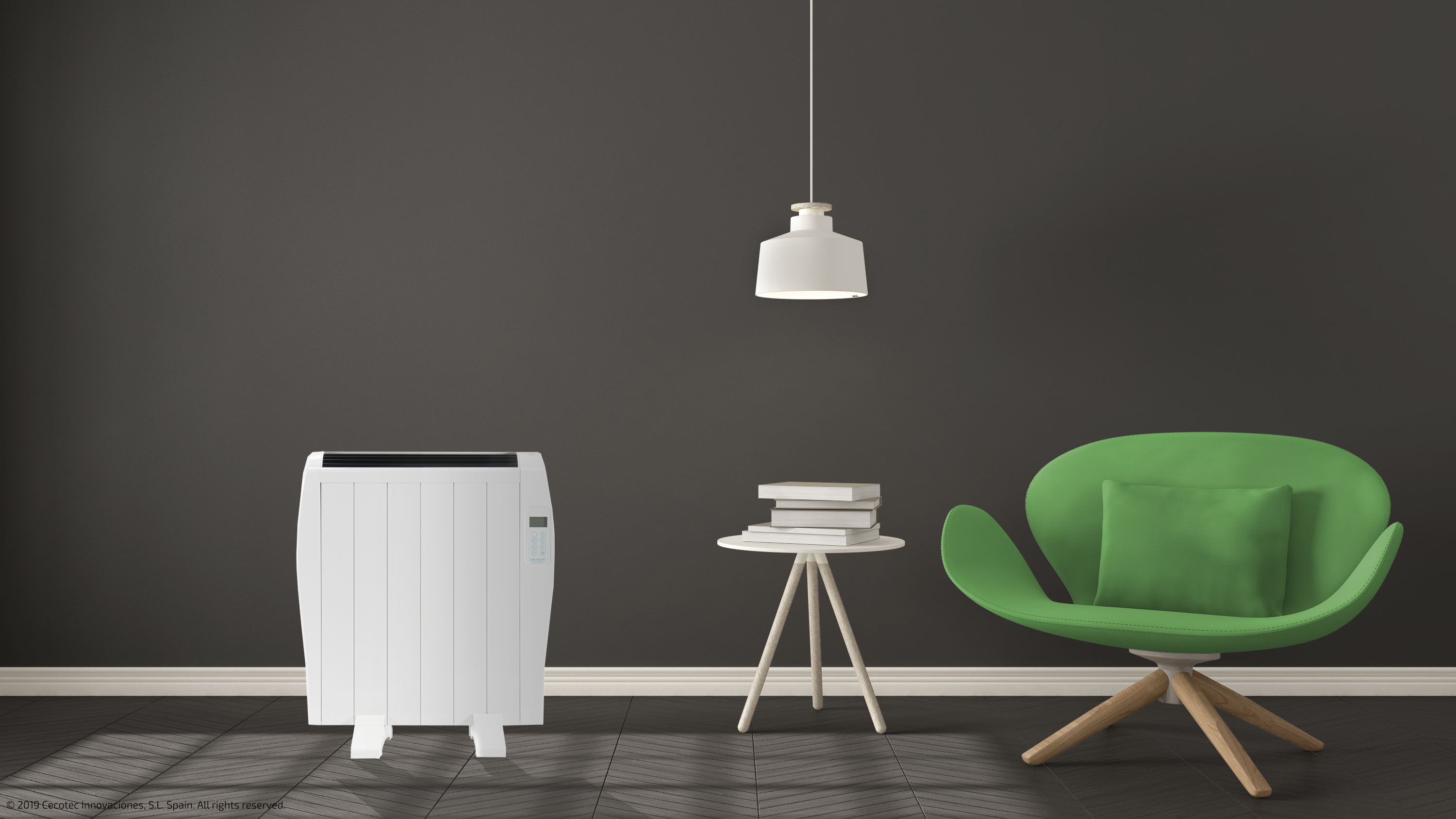 Salón moderno con calefactor blanco, silla verde, mesa y lámpara. Pared gris oscuro al fondo.