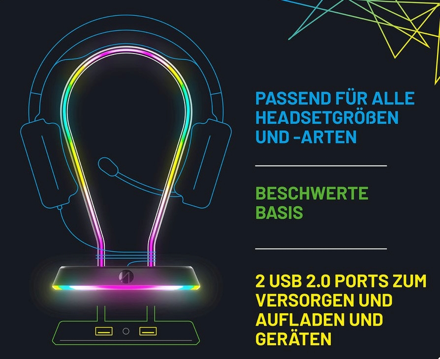 Ein schwarzer Headset-Ständer mit LED-Leuchten. Texte auf Deutsch. Ein Headset ist oben abgebildet.