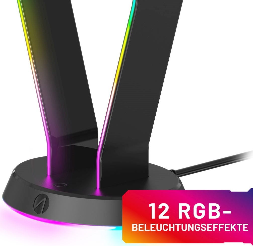 Schwarzer Computerständer mit RGB-Beleuchtung. Der Text "12 RGB" ist sichtbar.