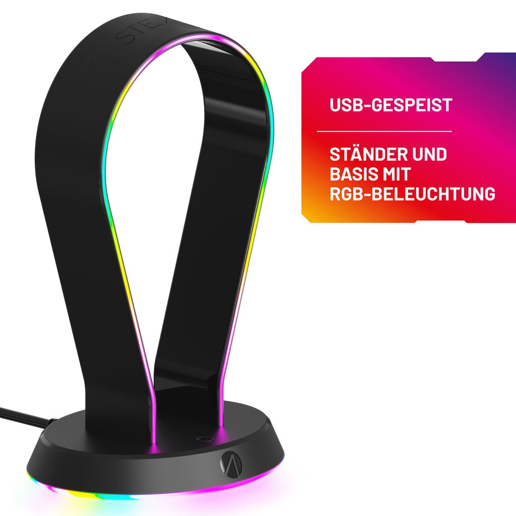 Ein schwarzer Kopfhörerständer mit farbenfroher RGB-Beleuchtung und Text.