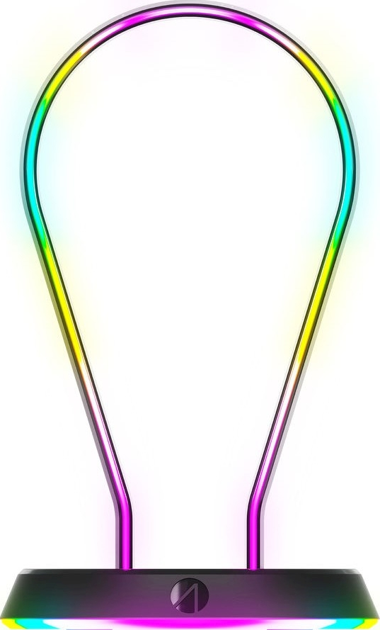 LED-Leuchte mit einem gebogenen, regenbogenfarbenen Rohr auf schwarzem Sockel. Weißer Hintergrund.