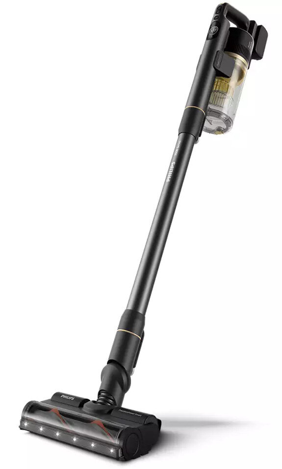 Czarny i złoty bezprzewodowy odkurzacz Philips. Widoczny długi uchwyt i głowica czyszcząca.
