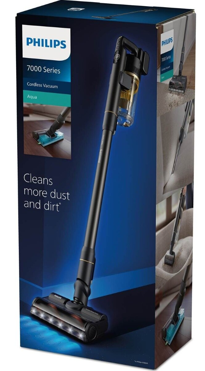 Pudełko z bezprzewodowym odkurzaczem Philips. Pudełko zawiera obrazy i tekst.